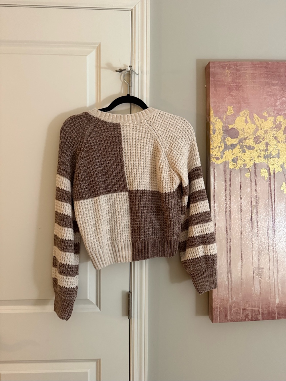 Altar'd State Cream & Brown Chunky Colorblock Waffle Sweater - Picture 3 of 3